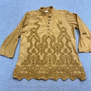 Reba Tunic Shirt Womens Large Yellow Embroidered Lace Hem Boho Peasant Top